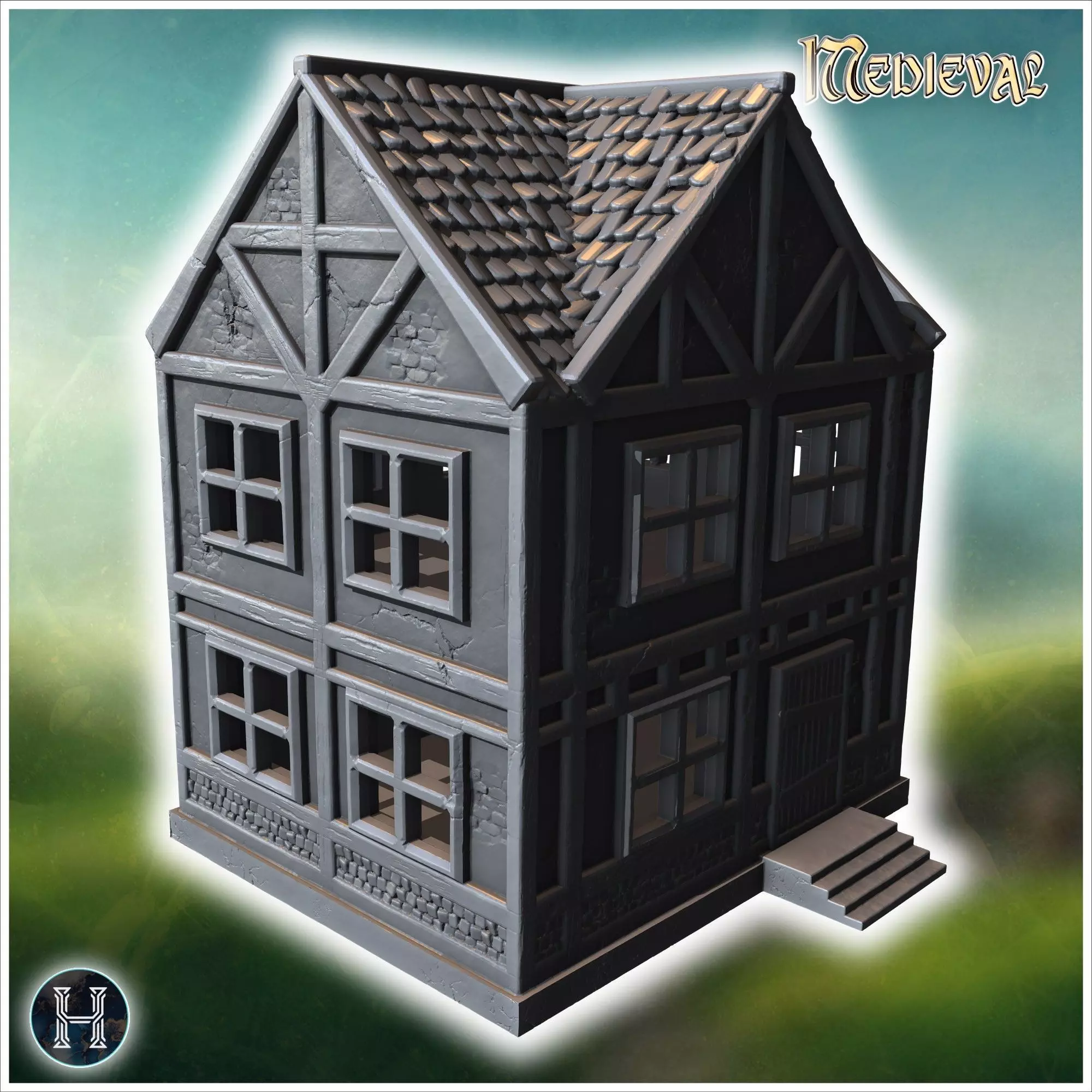 Narrow wooden building with a stone foundation steep roof and de 3D print model_6