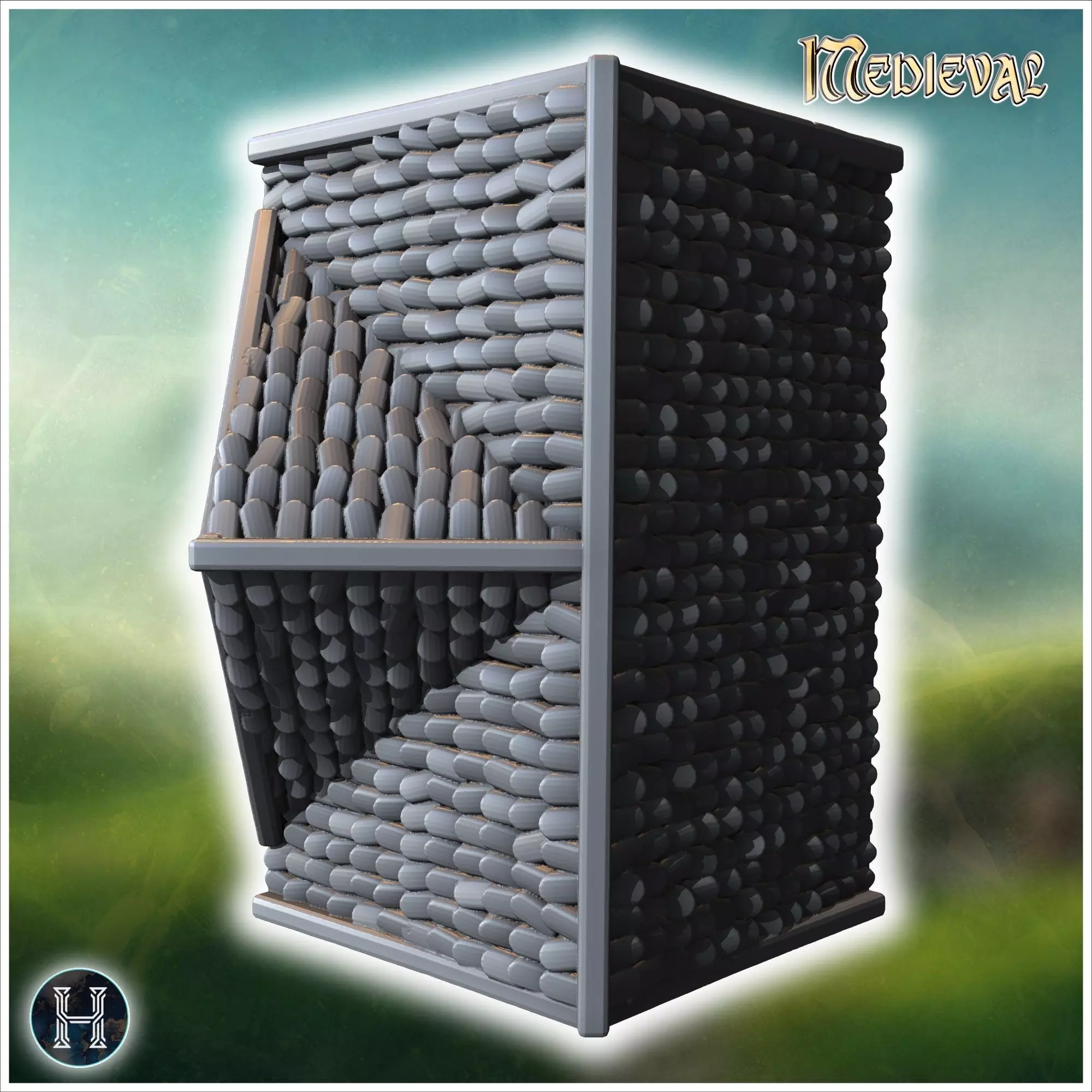 Narrow wooden building with a stone foundation steep roof and de 3D print model_2