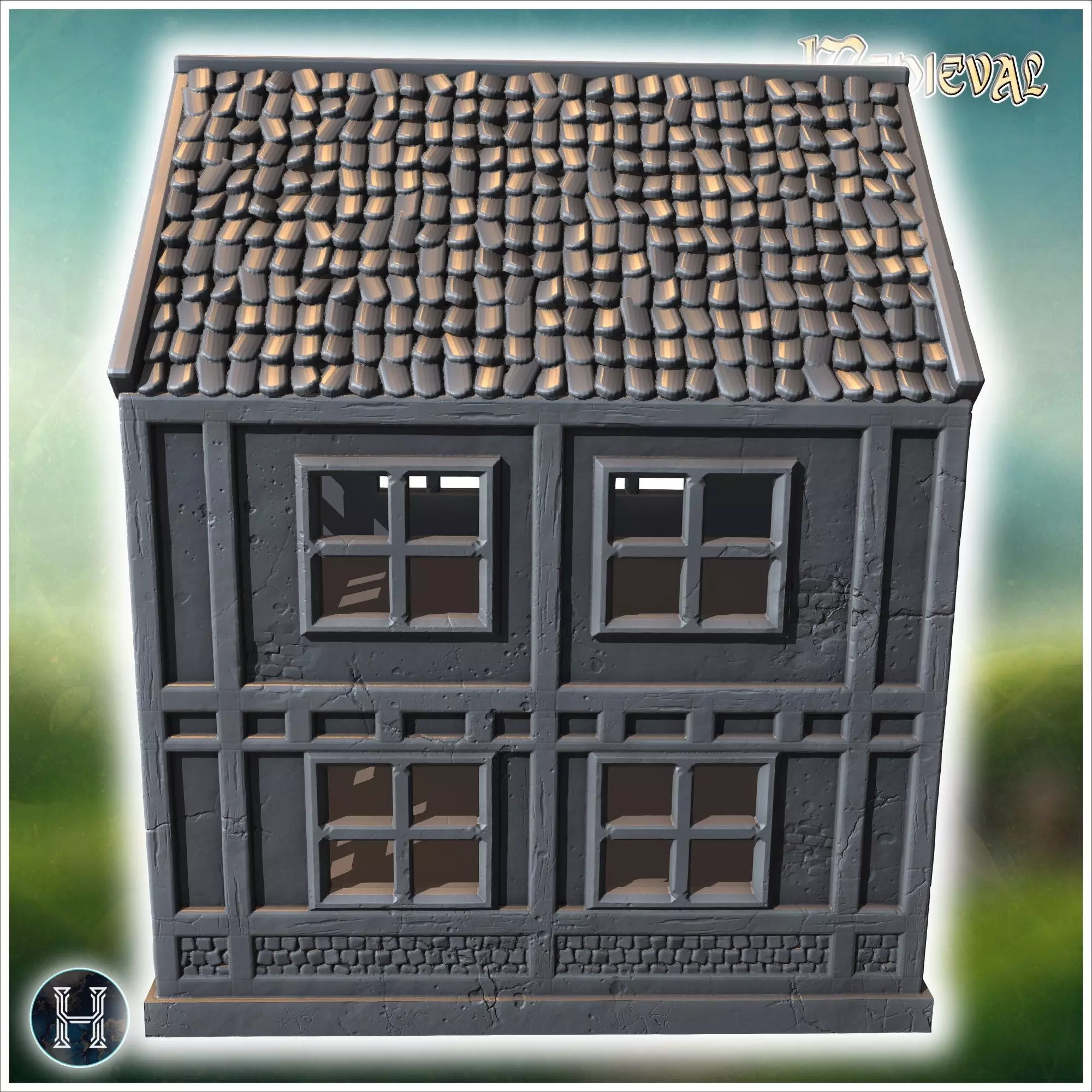 Narrow wooden building with a stone foundation steep roof and de 3D print model_9