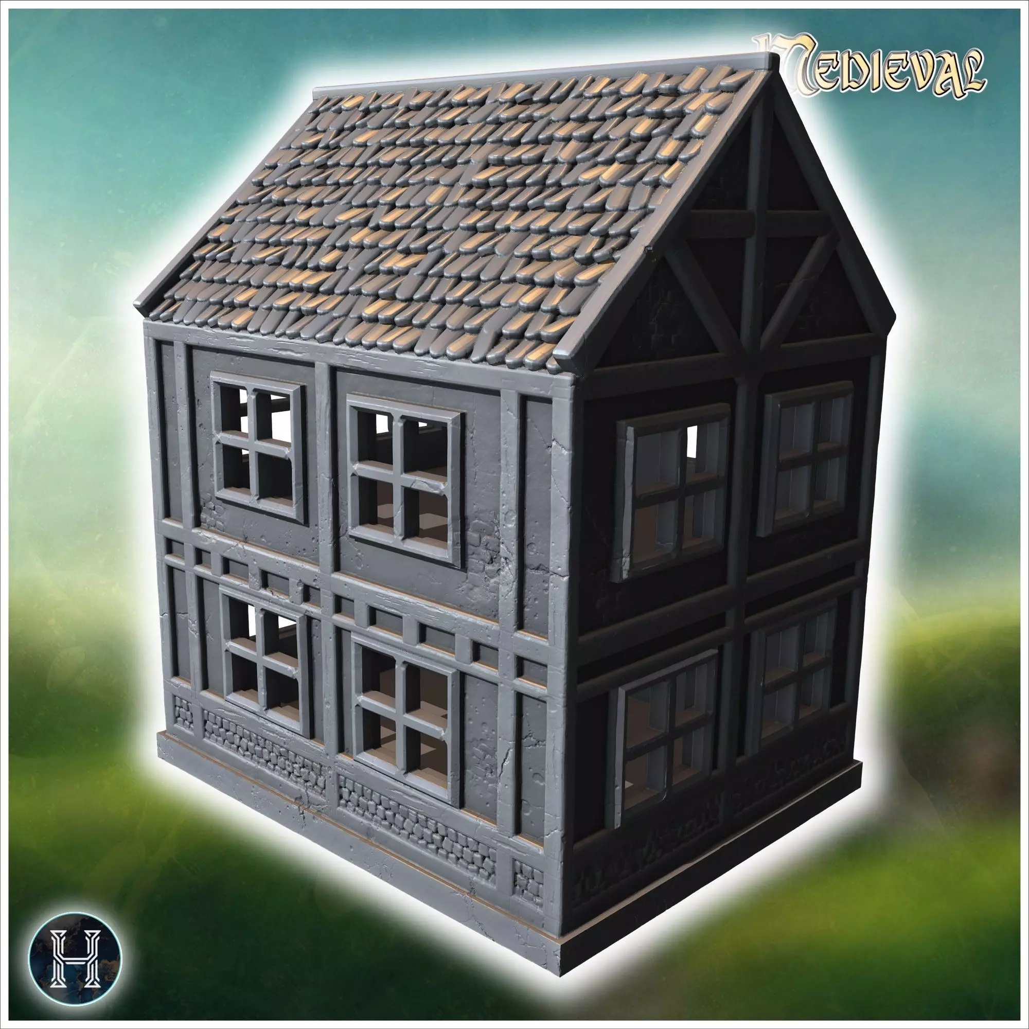 Narrow wooden building with a stone foundation steep roof and de 3D print model_8