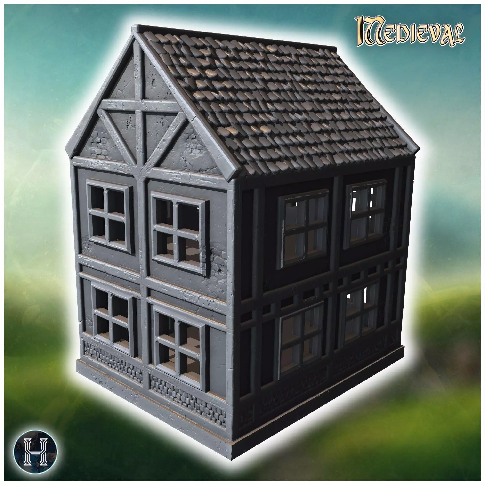 Narrow wooden building with a stone foundation steep roof and de 3D print model_1