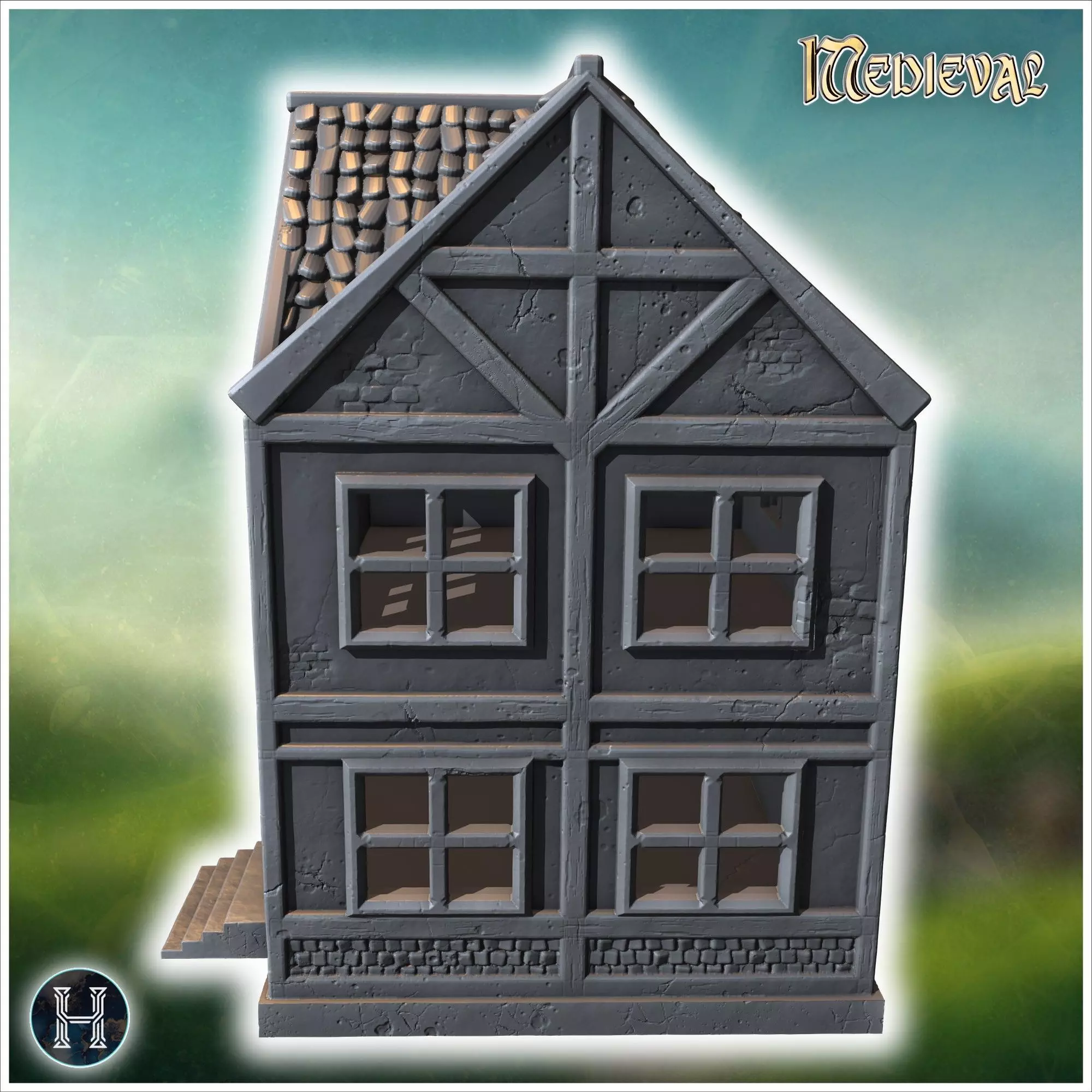 Narrow wooden building with a stone foundation steep roof and de 3D print model_3