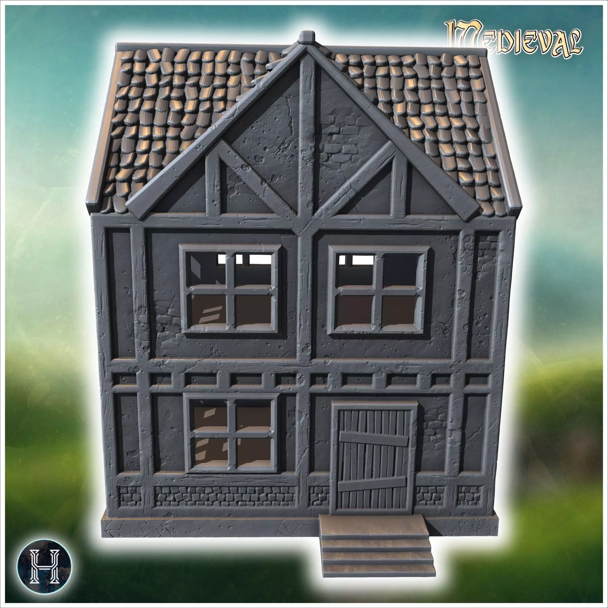 Narrow wooden building with a stone foundation steep roof and de 3D print model_0