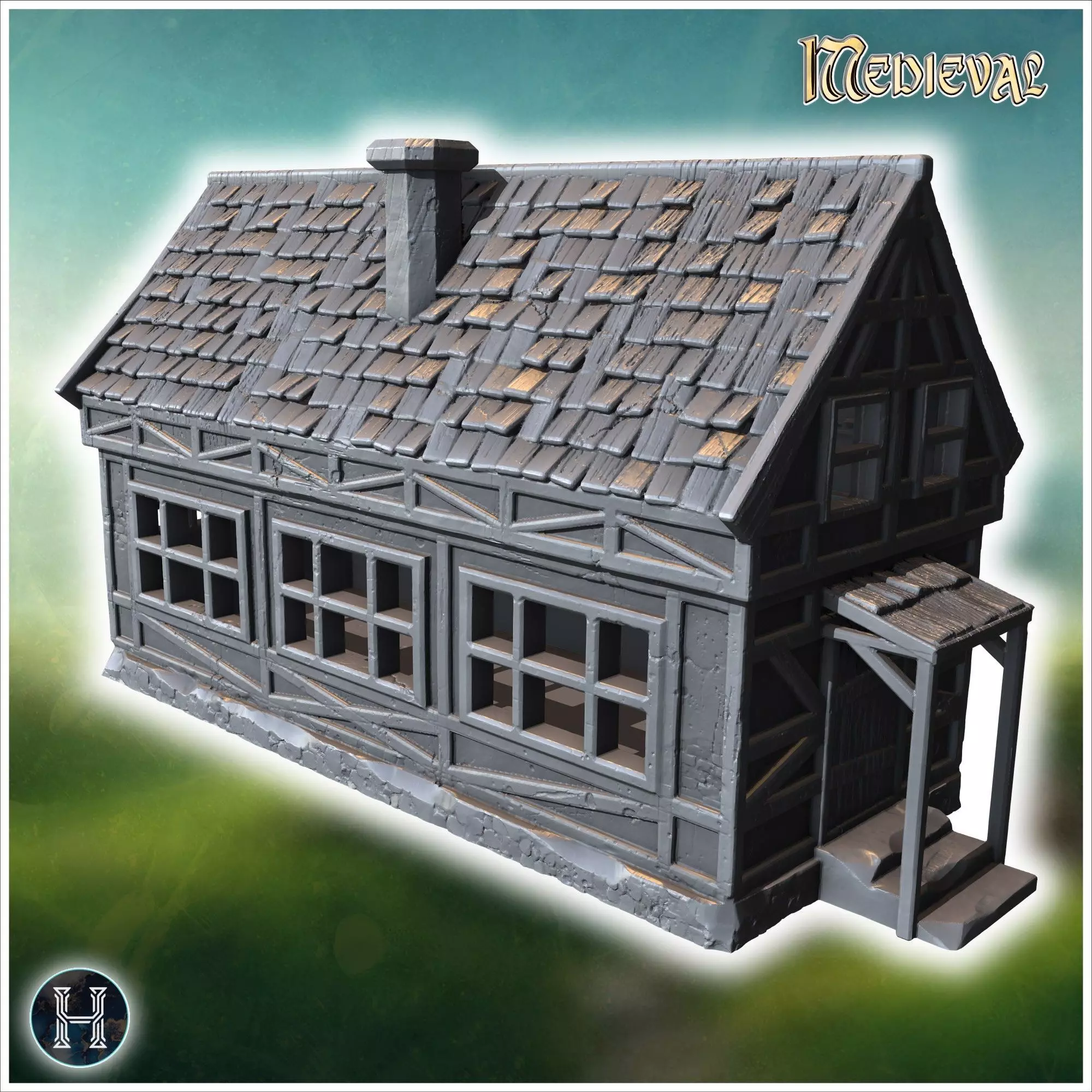 Long half-timbered building with dormer windows steep roof and i 3D print model_10
