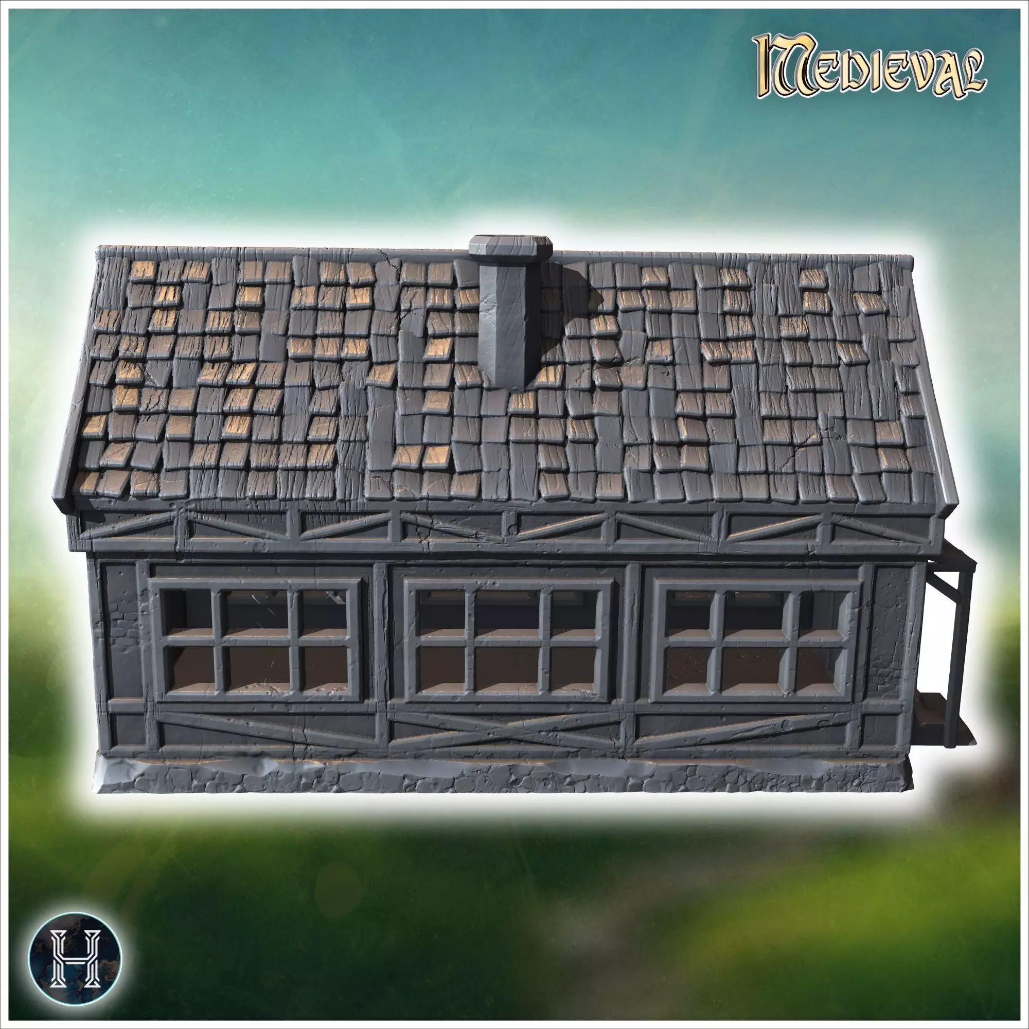 Long half-timbered building with dormer windows steep roof and i 3D print model_1