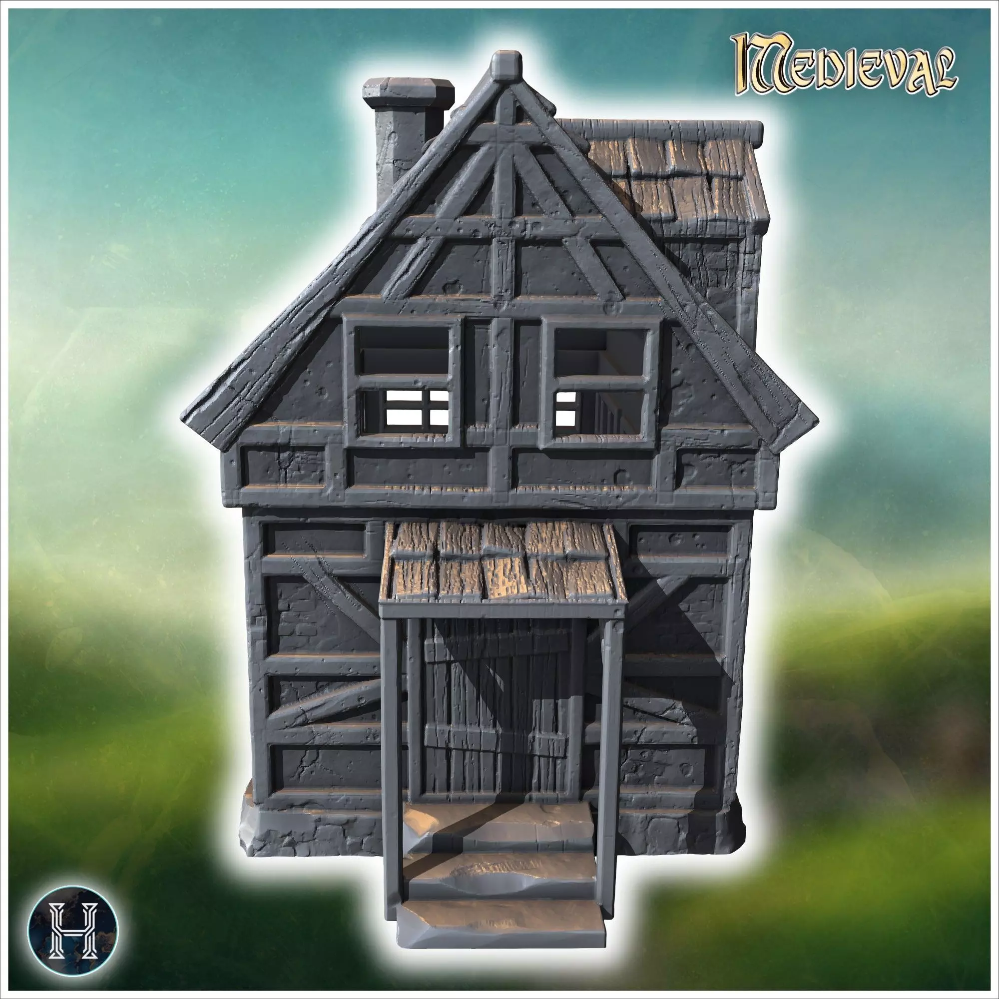 Long half-timbered building with dormer windows steep roof and i 3D print model_9