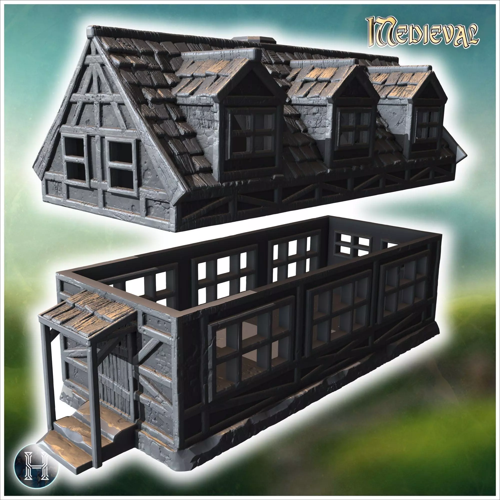 Long half-timbered building with dormer windows steep roof and i 3D print model_7