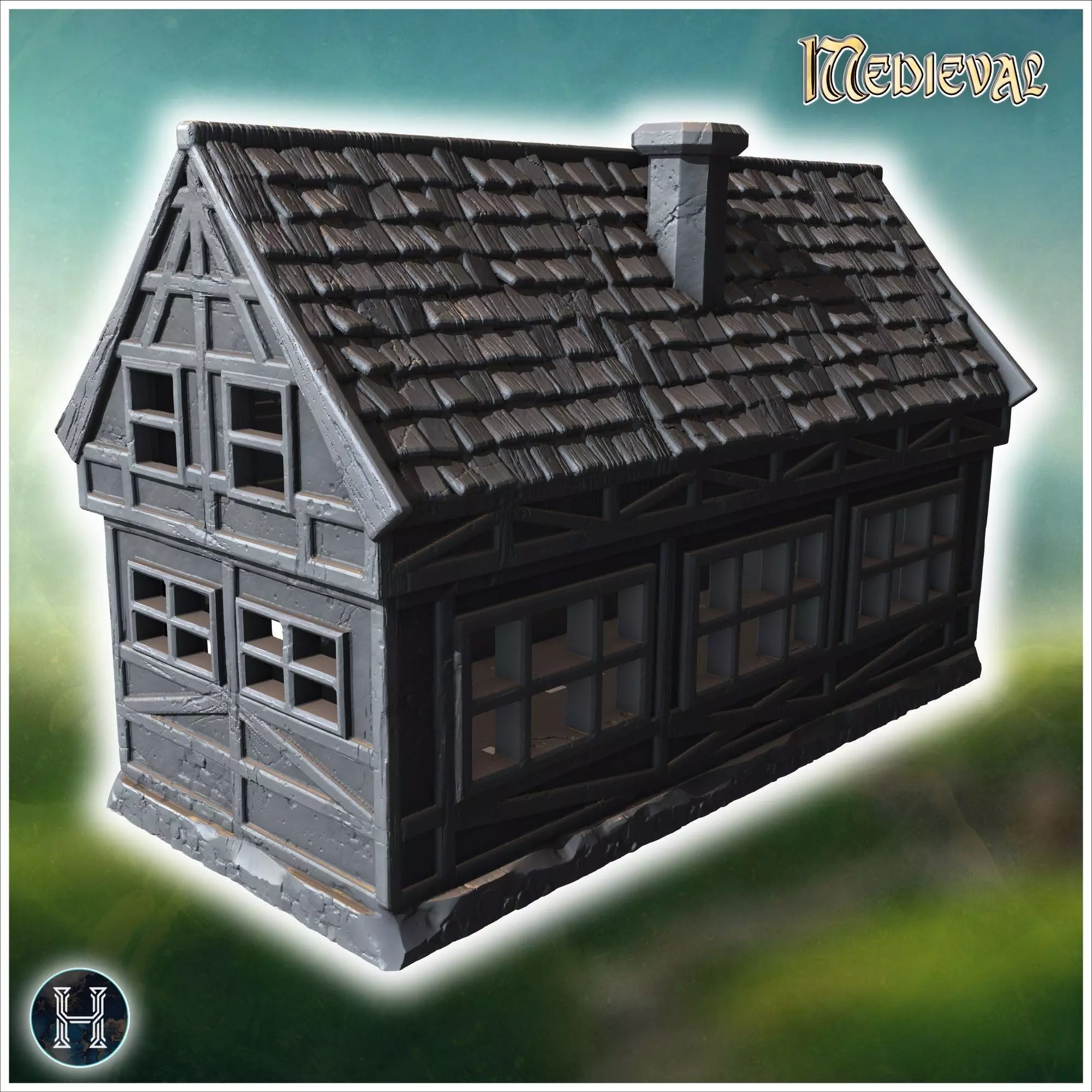 Long half-timbered building with dormer windows steep roof and i 3D print model_2