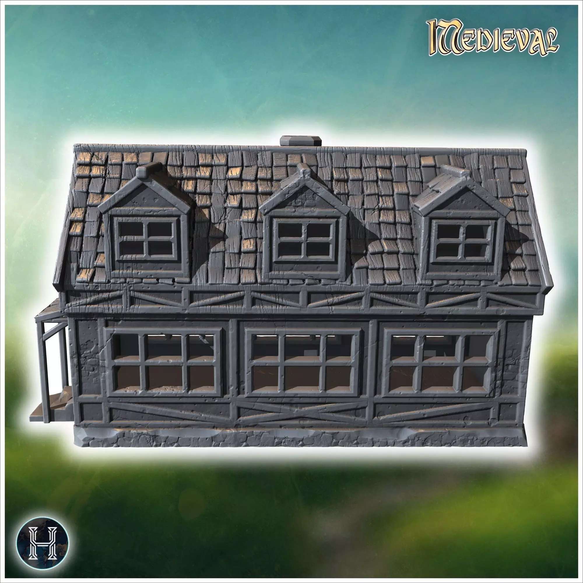 Long half-timbered building with dormer windows steep roof and i 3D print model_6