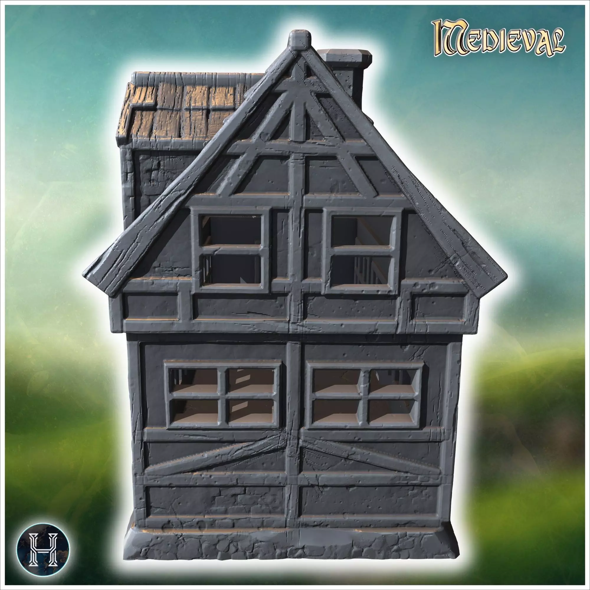 Long half-timbered building with dormer windows steep roof and i 3D print model_4