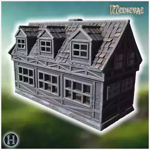 Long half-timbered building with dormer windows steep roof and i
