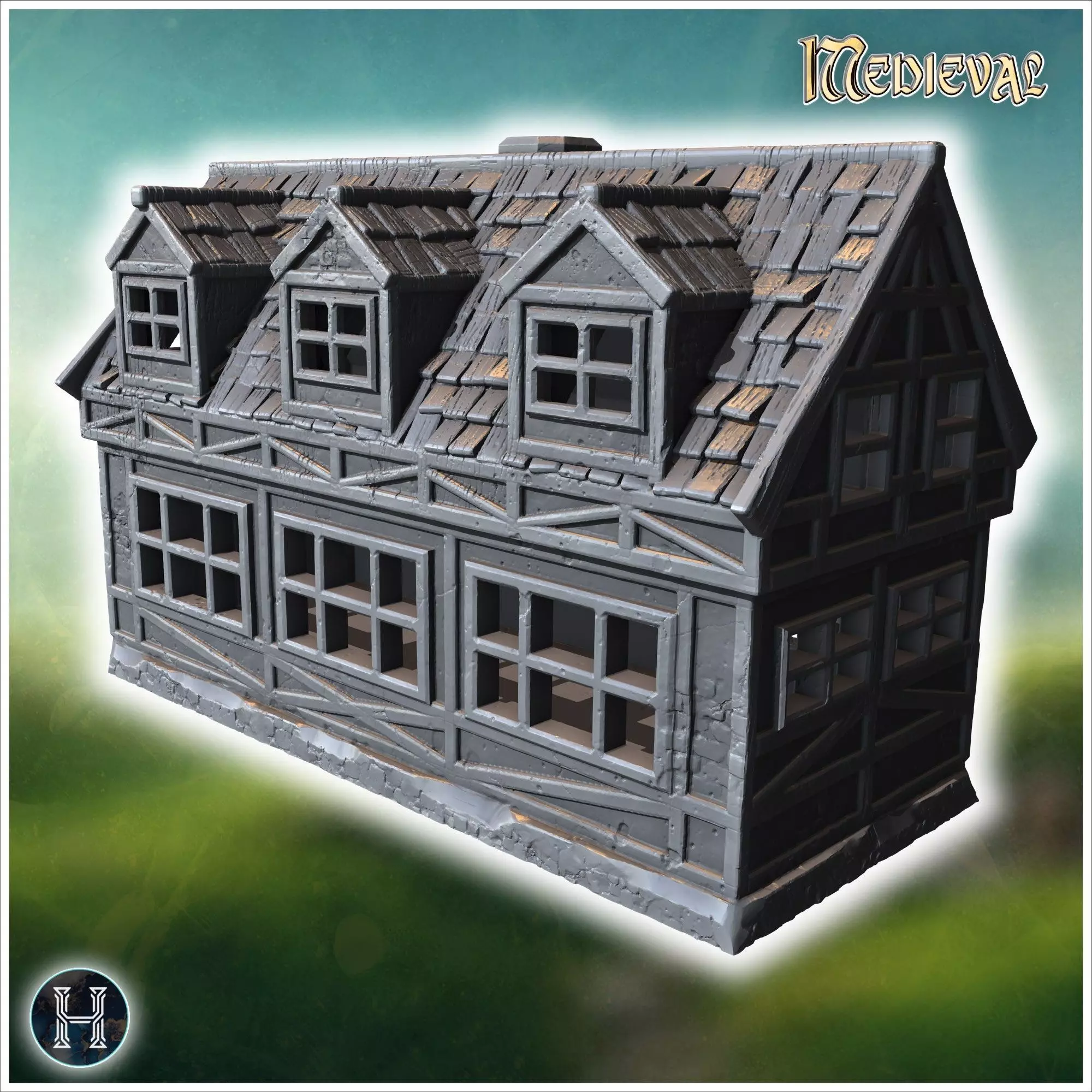 Long half-timbered building with dormer windows steep roof and i 3D print model_0