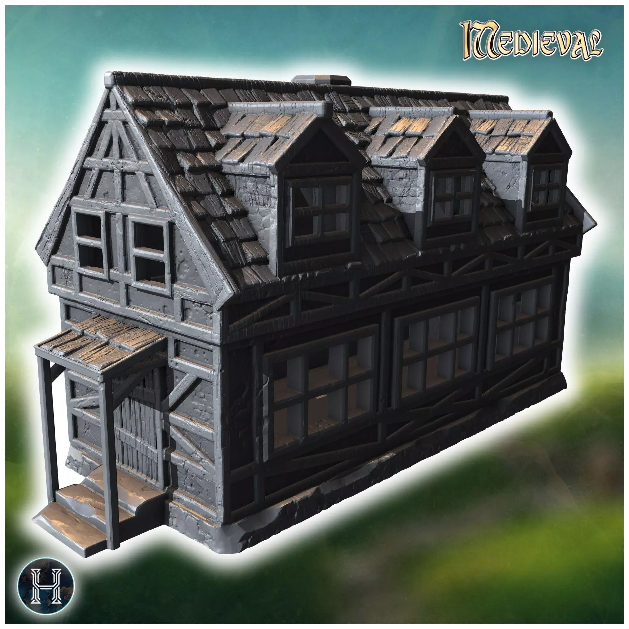 Long half-timbered building with dormer windows steep roof and i 3D print model_8
