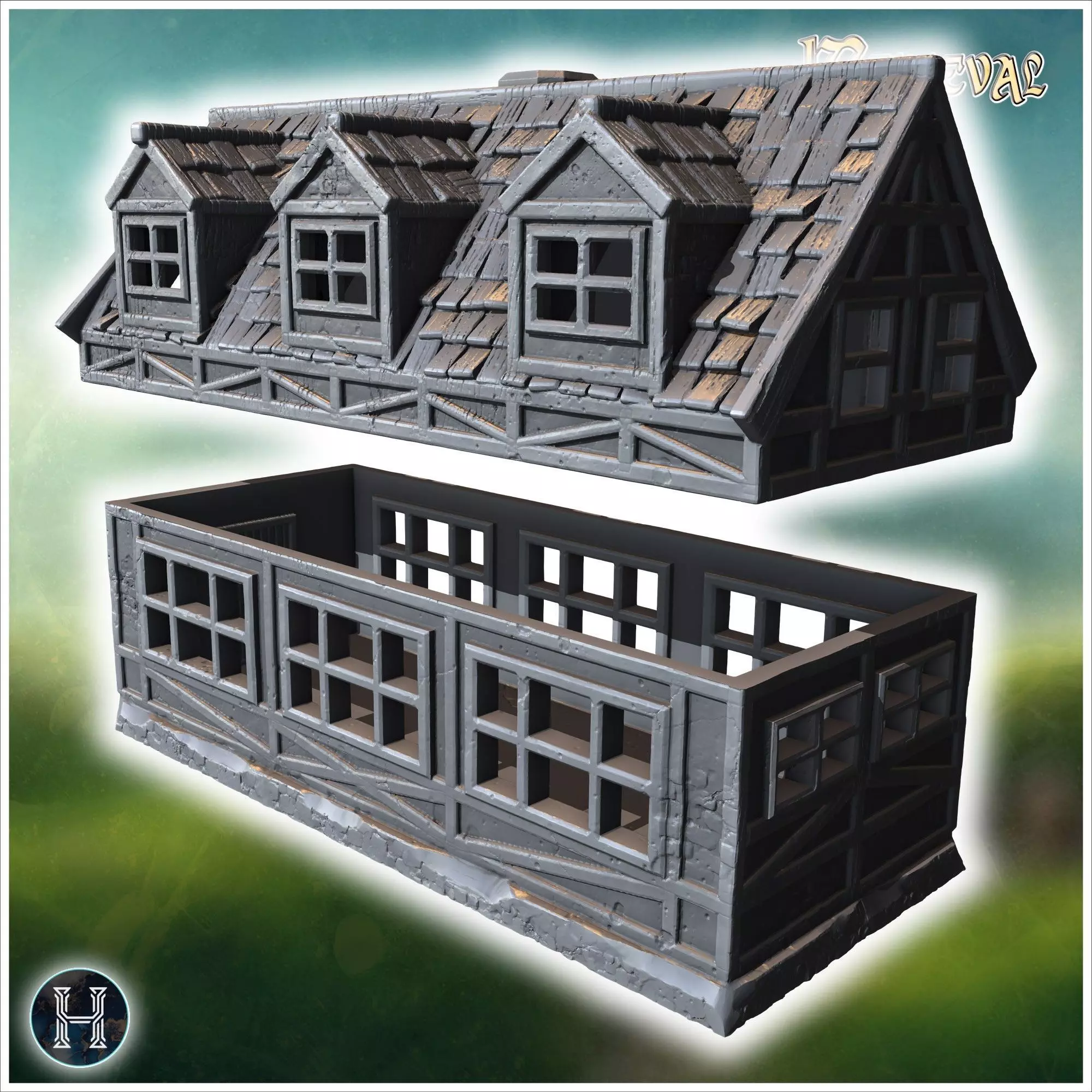 Long half-timbered building with dormer windows steep roof and i 3D print model_5