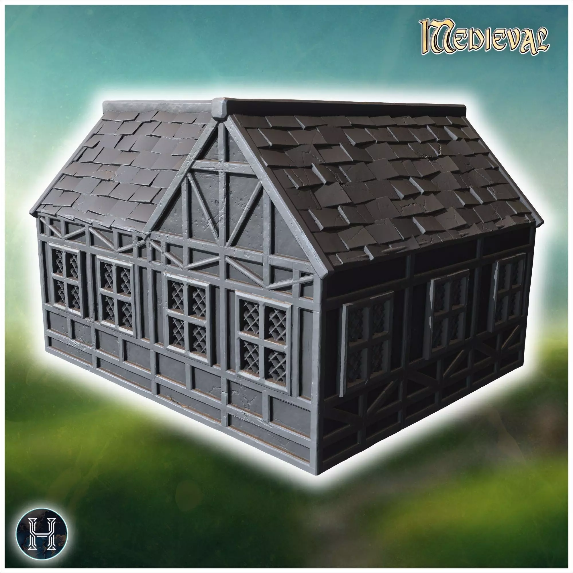 Medieval-style house with a wooden door lattice windows and a da 3D print model_10