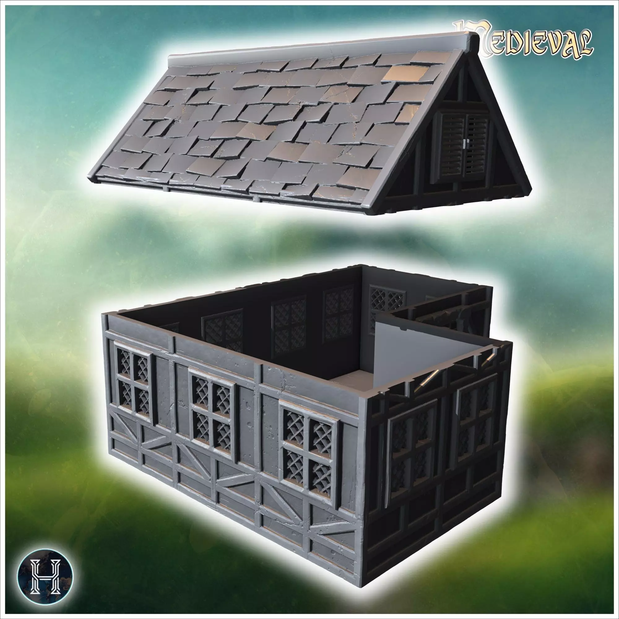 Medieval-style house with a wooden door lattice windows and a da 3D print model_7