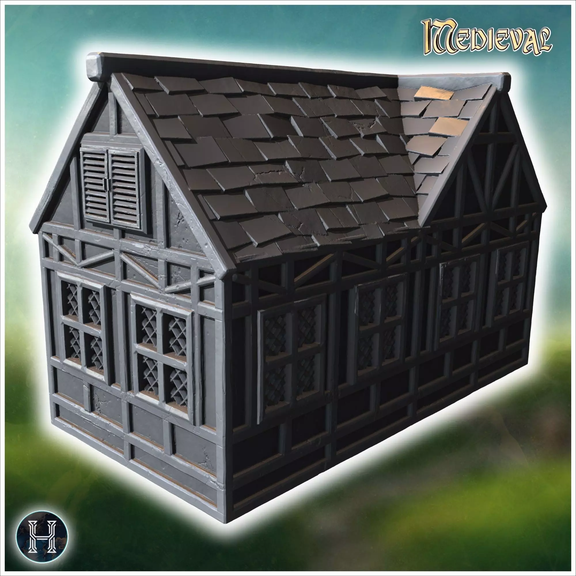 Medieval-style house with a wooden door lattice windows and a da 3D print model_2