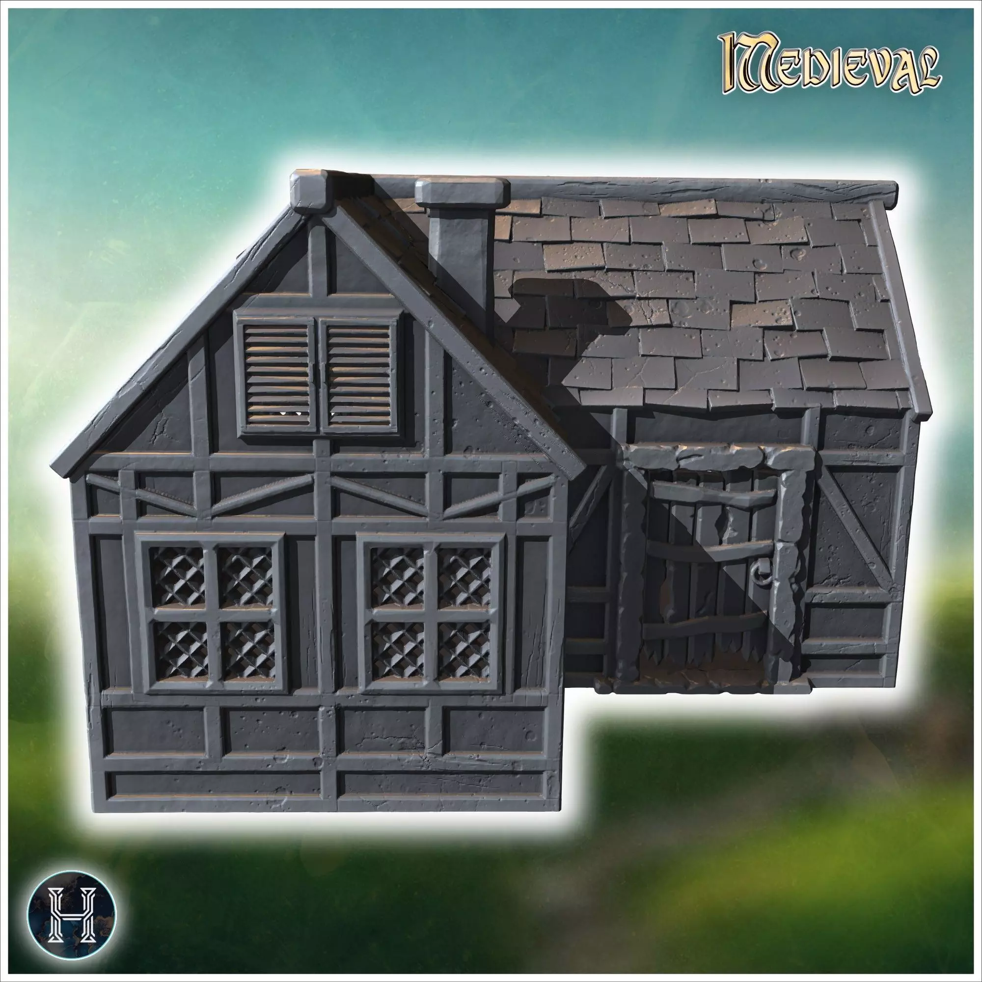 Medieval-style house with a wooden door lattice windows and a da 3D print model_6
