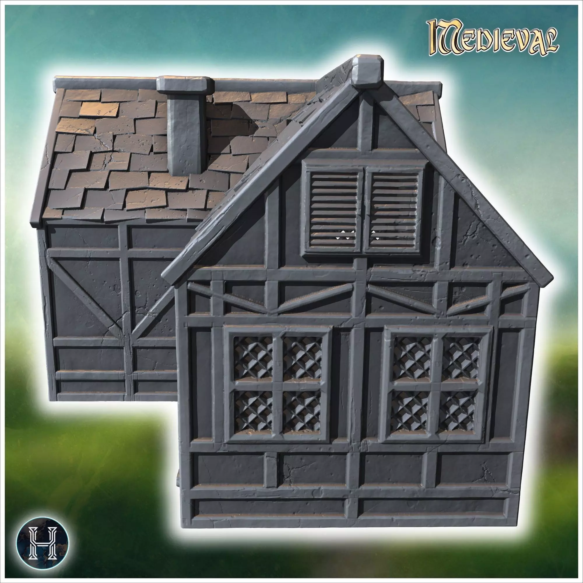 Medieval-style house with a wooden door lattice windows and a da 3D print model_4
