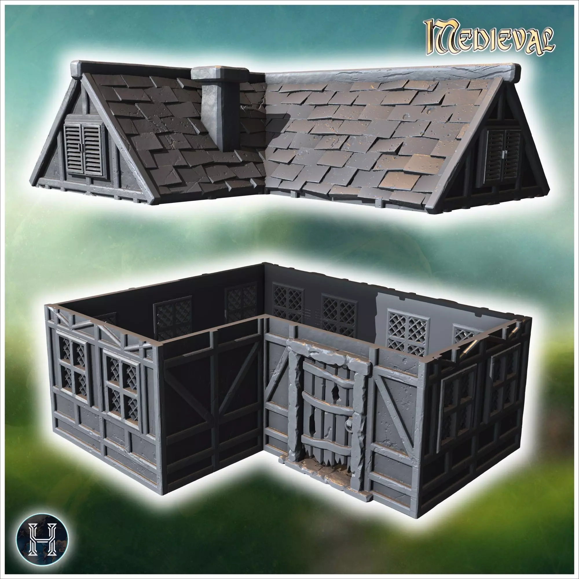 Medieval-style house with a wooden door lattice windows and a da 3D print model_5