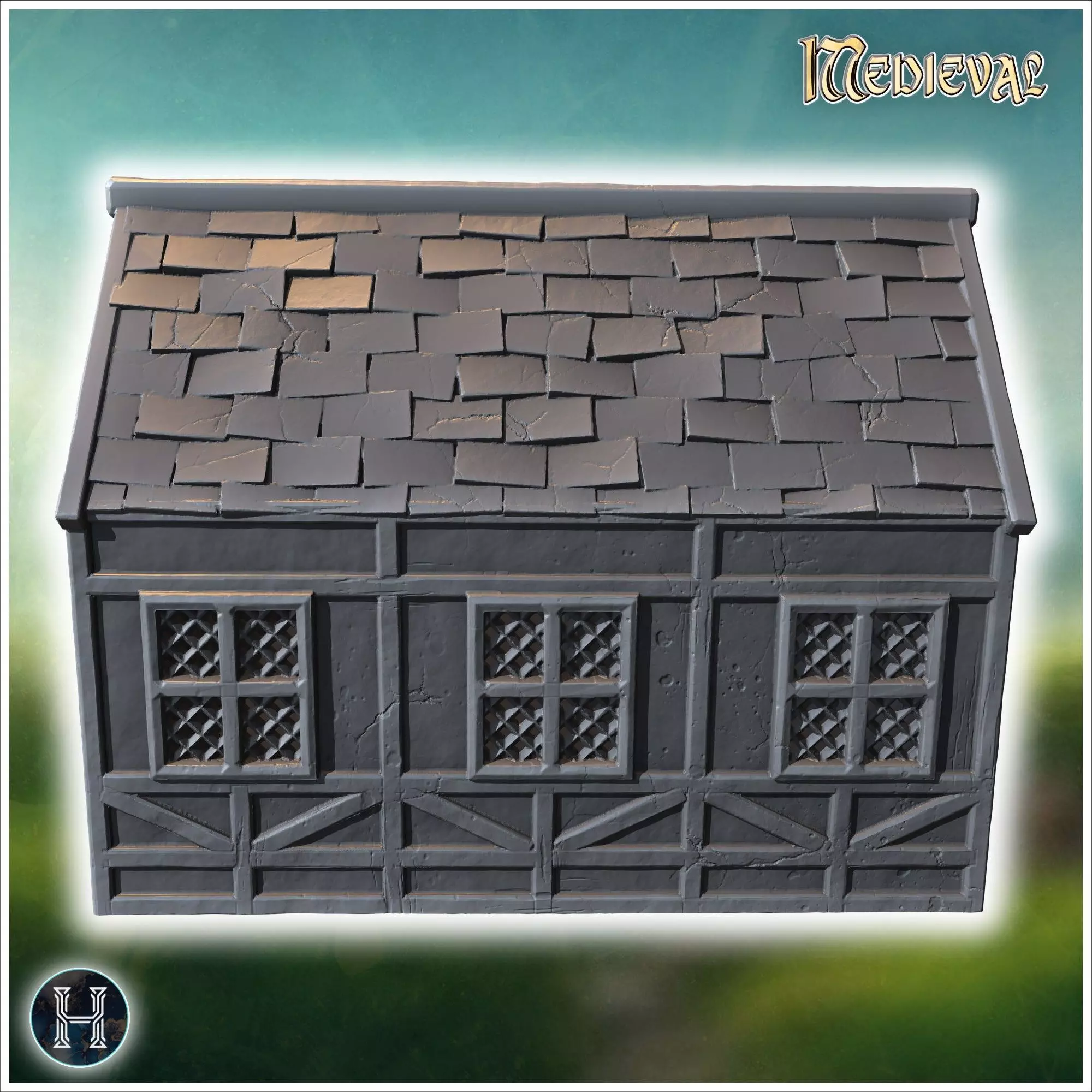 Medieval-style house with a wooden door lattice windows and a da 3D print model_9