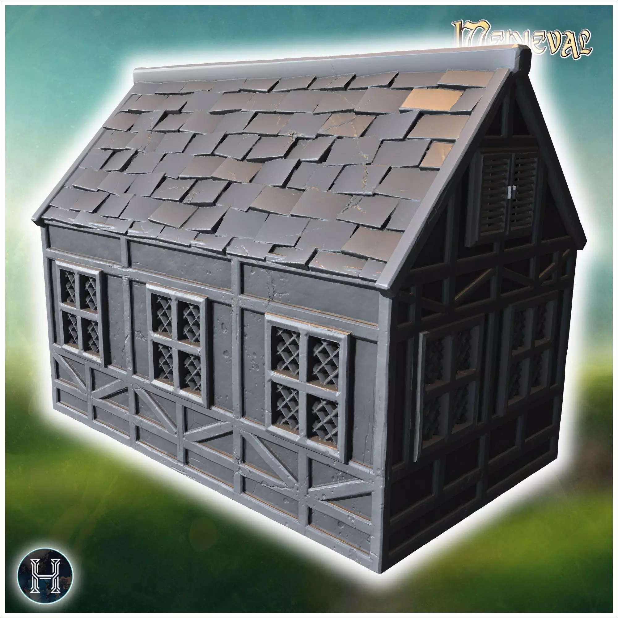 Medieval-style house with a wooden door lattice windows and a da 3D print model_8