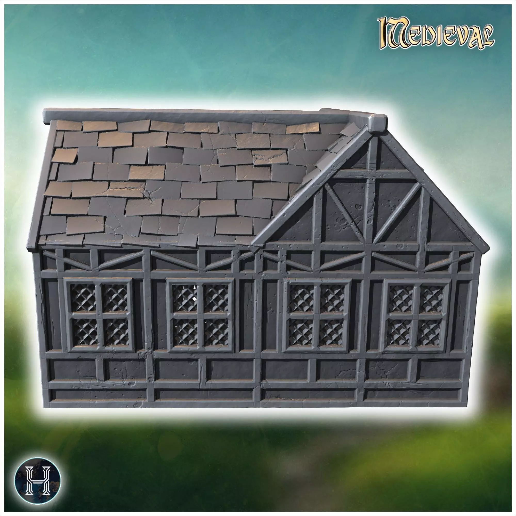 Medieval-style house with a wooden door lattice windows and a da 3D print model_1