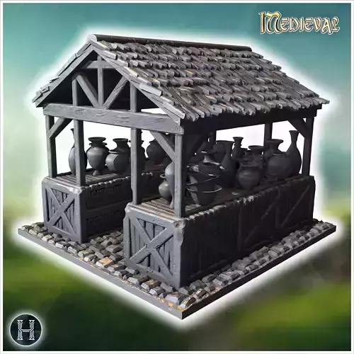 Covered wooden stall with shelves displaying various ceramic pot