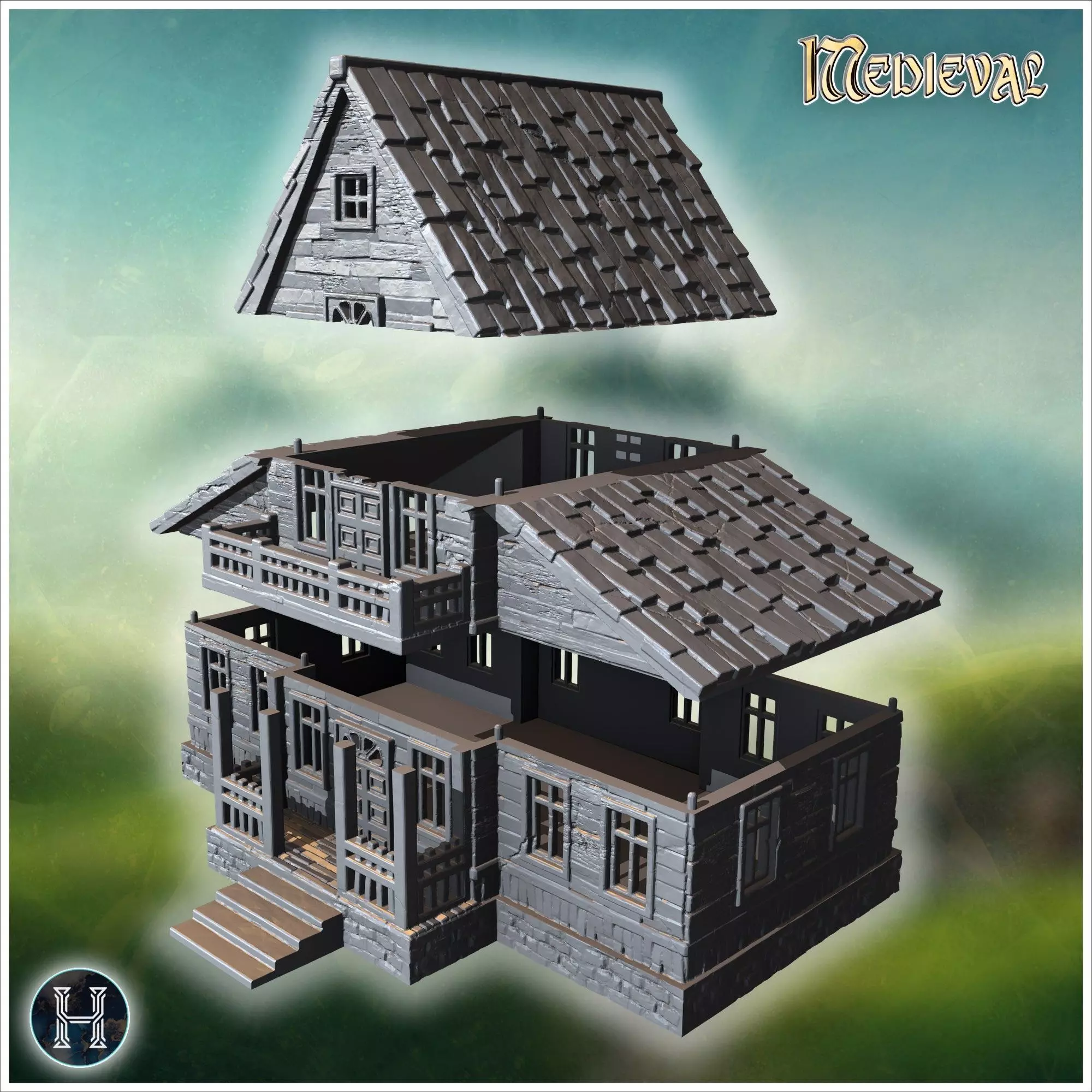 Large wooden house with detailed roof shingles and spacious balc 3D print model_4