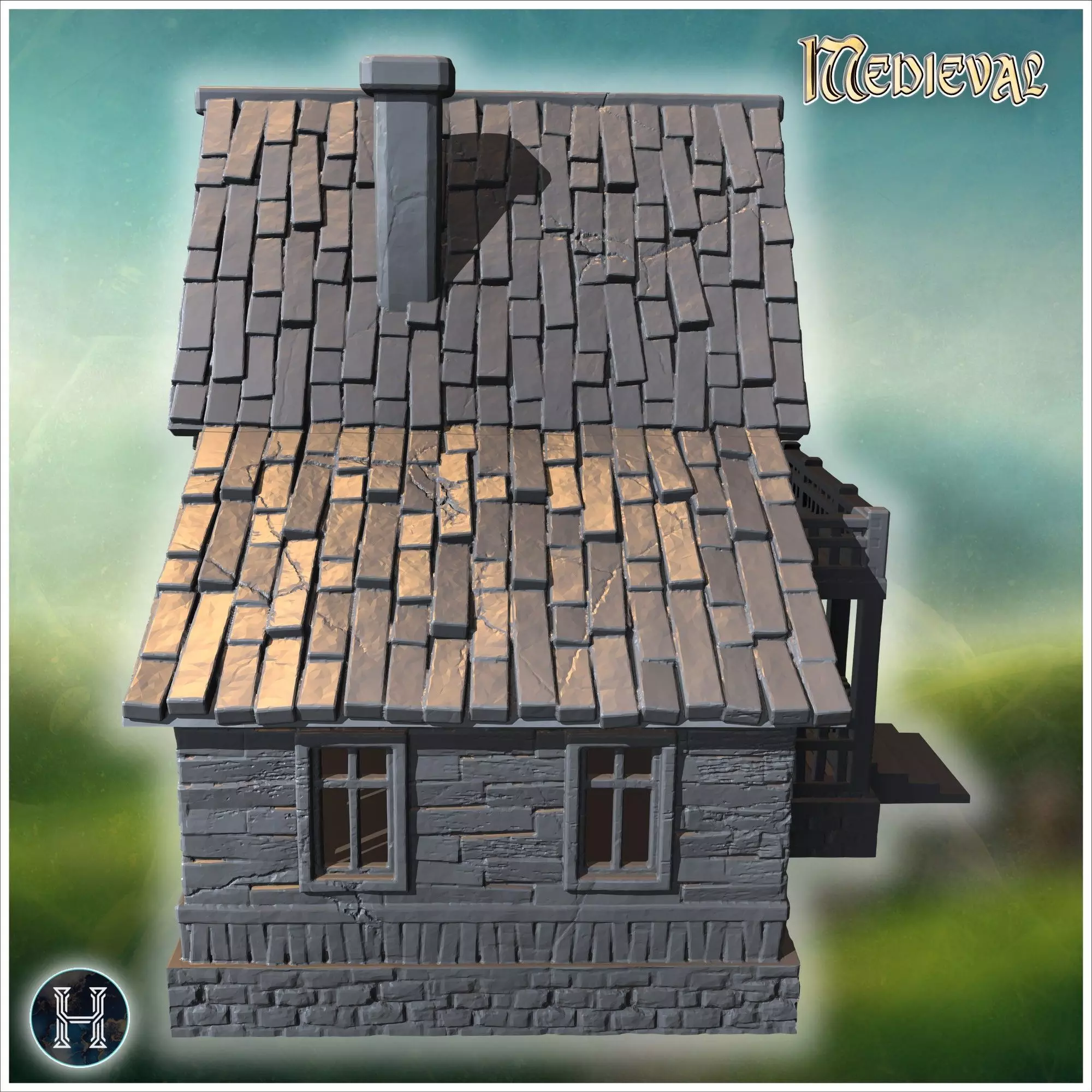 Large wooden house with detailed roof shingles and spacious balc 3D print model_8