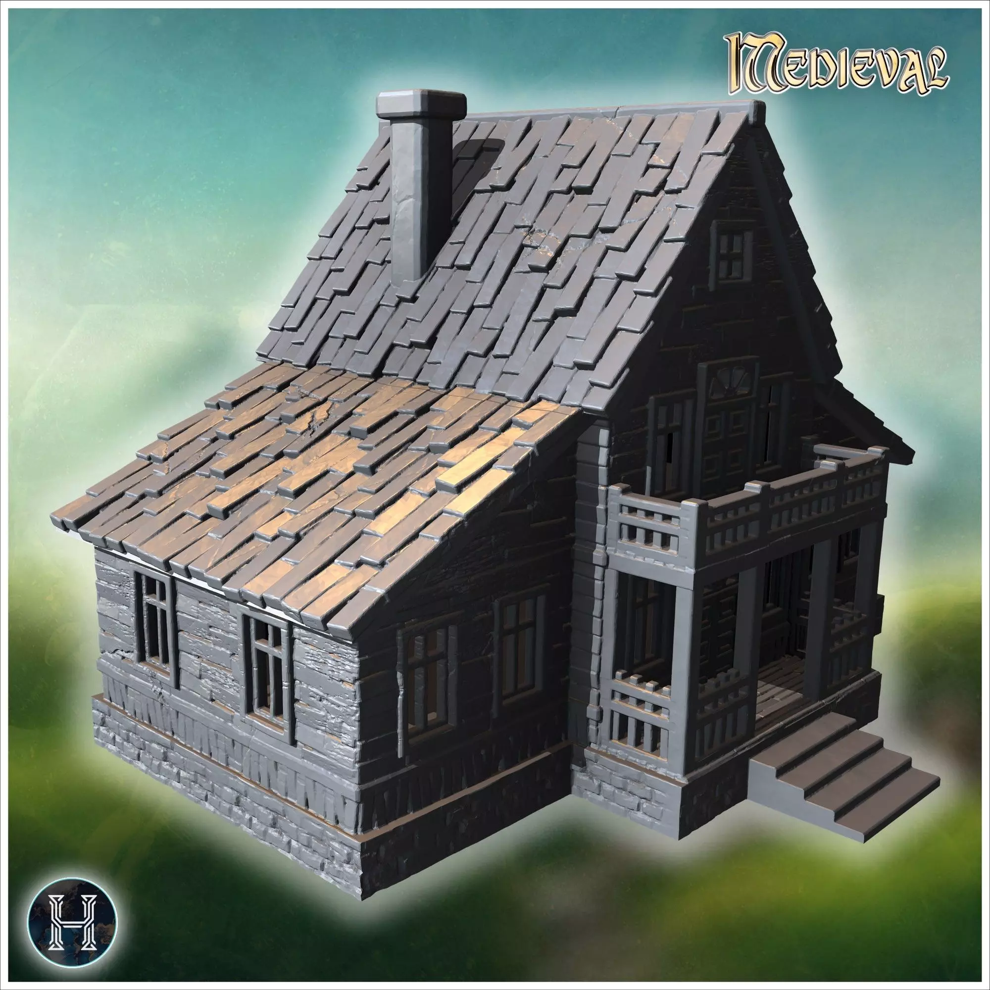 Large wooden house with detailed roof shingles and spacious balc 3D print model_7