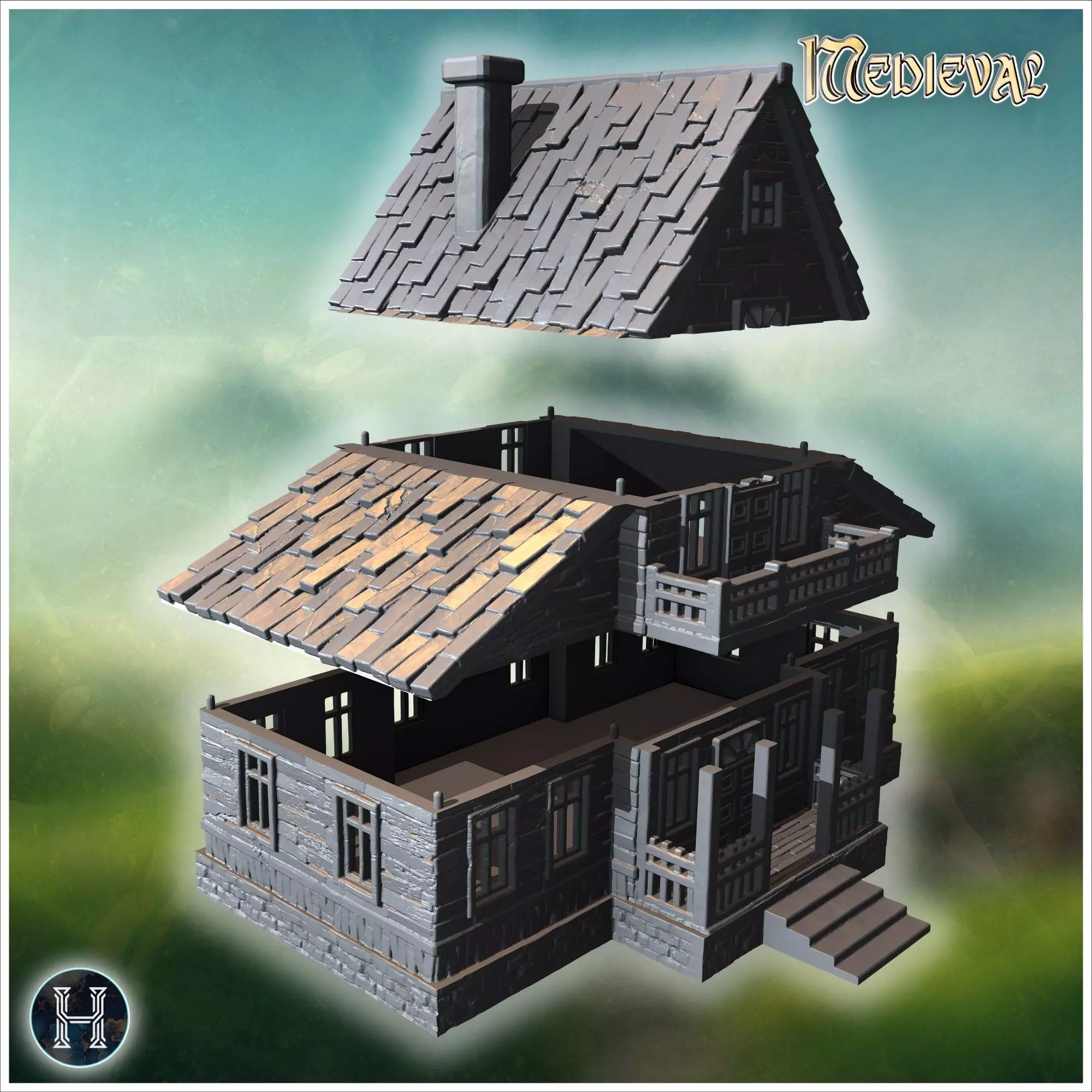 Large wooden house with detailed roof shingles and spacious balc 3D print model_6