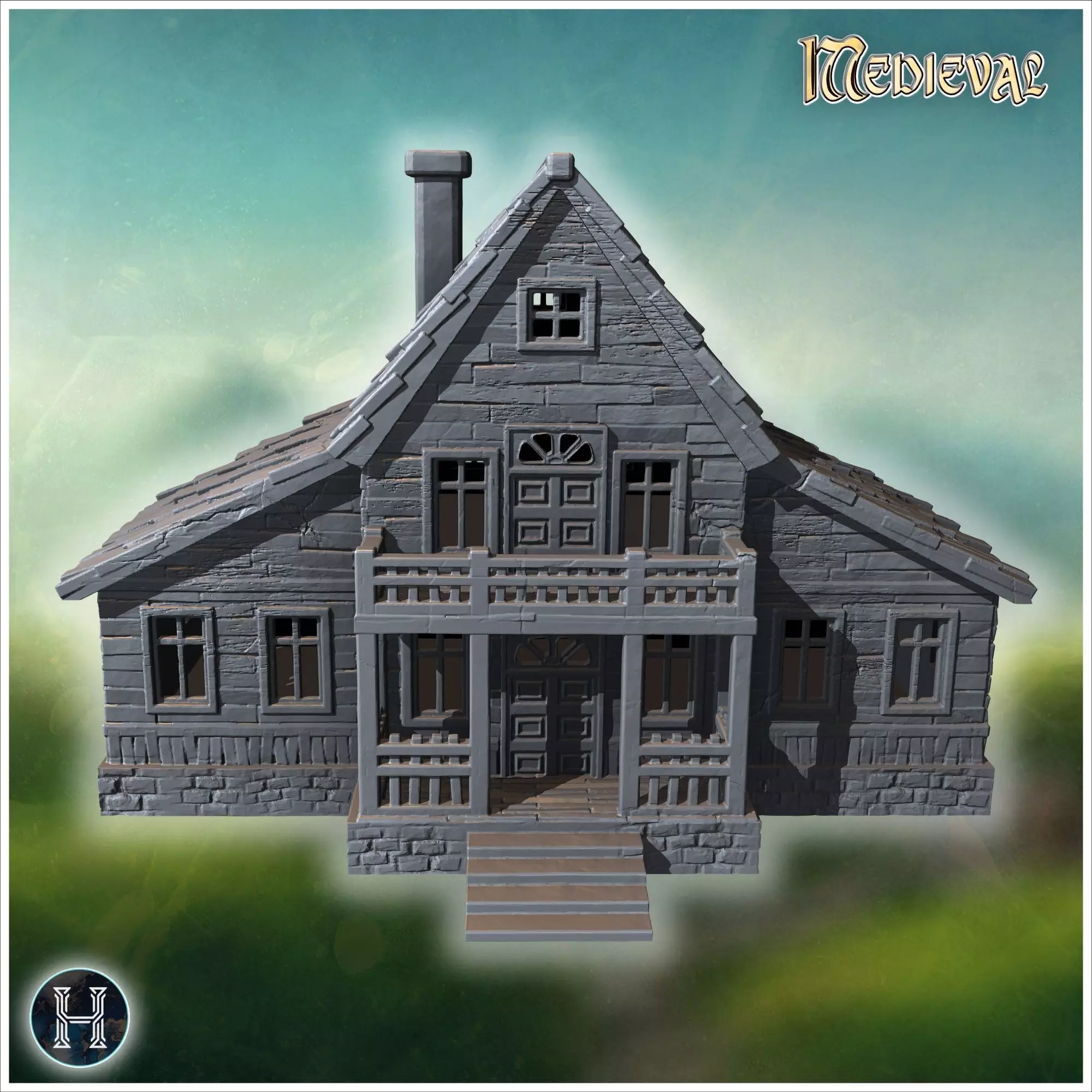 Large wooden house with detailed roof shingles and spacious balc 3D print model_5