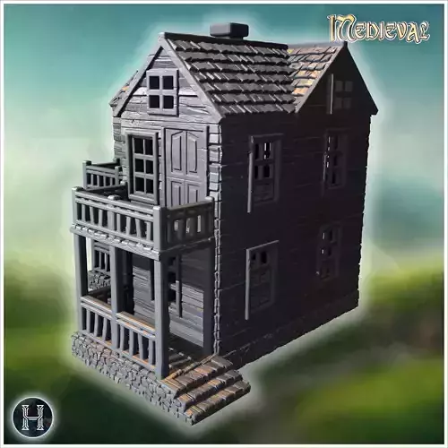 Two-story wooden house with narrow porch and decorative wooden r