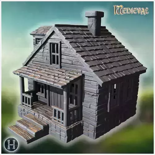 Stone house with twin gables wooden porch and detailed window fr