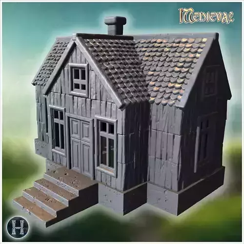 Rustic wooden house with detailed railing and steep shingle roof