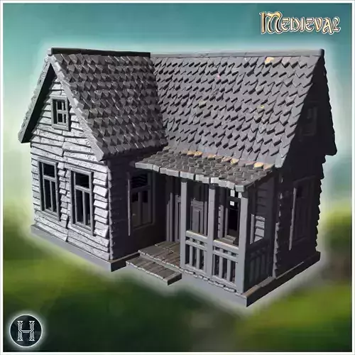 Rustic house with dual porches and intricate wooden railing deta