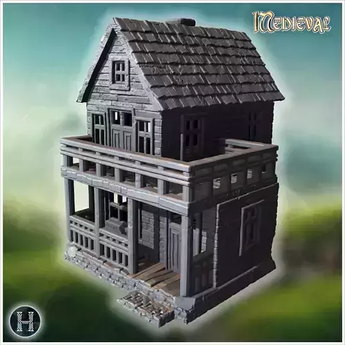 Tall two-story wooden house with extended balcony and large slan