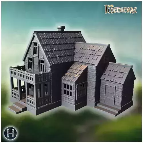 Large multi-wing wooden house with extended porch and steep shin