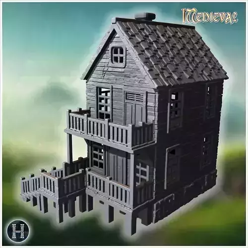 Elevated wooden house with wide stairs and double porches on sti