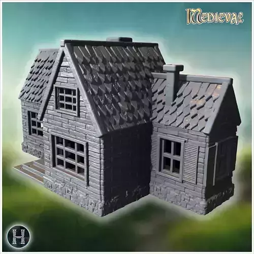 Twin-gabled wooden house with shuttered windows and stone founda