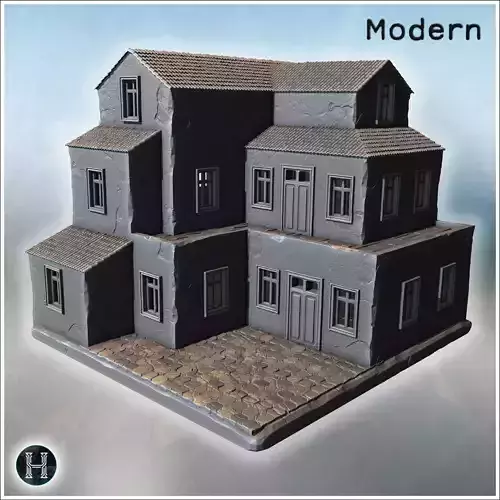 Multi-level building with staggered floors tiled roofs and crack