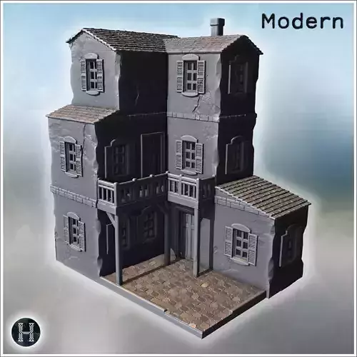 Compact townhouse with corner balcony tiled roof sections and de