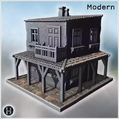 Two-level rustic building with wooden porch balcony door and exp 3D print model