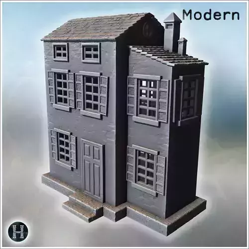 Narrow building with tiled roof tall windows with shutters and b 3D print model