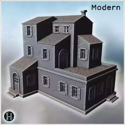 Multi-level structure with tiled roofs protruding wings and arch