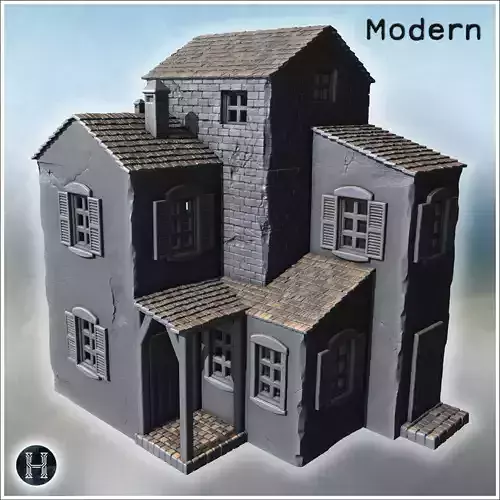 House complex with interlocking volumes wooden awning and mixed 