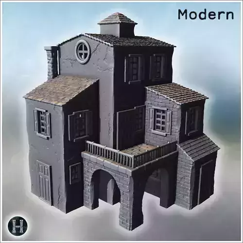 Elevated building with arched stone porch upper platform and til