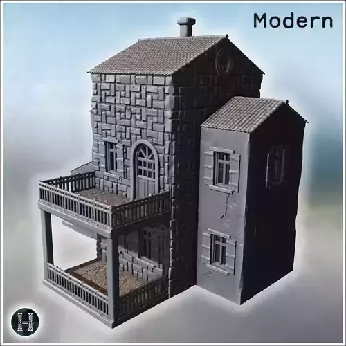 Compact building with patterned stone wall twin balconies and ro