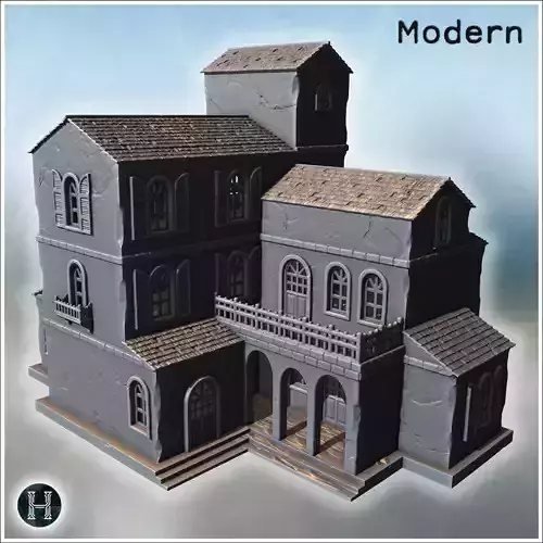 Large manor house with arched windows central balcony and multip 3D print model